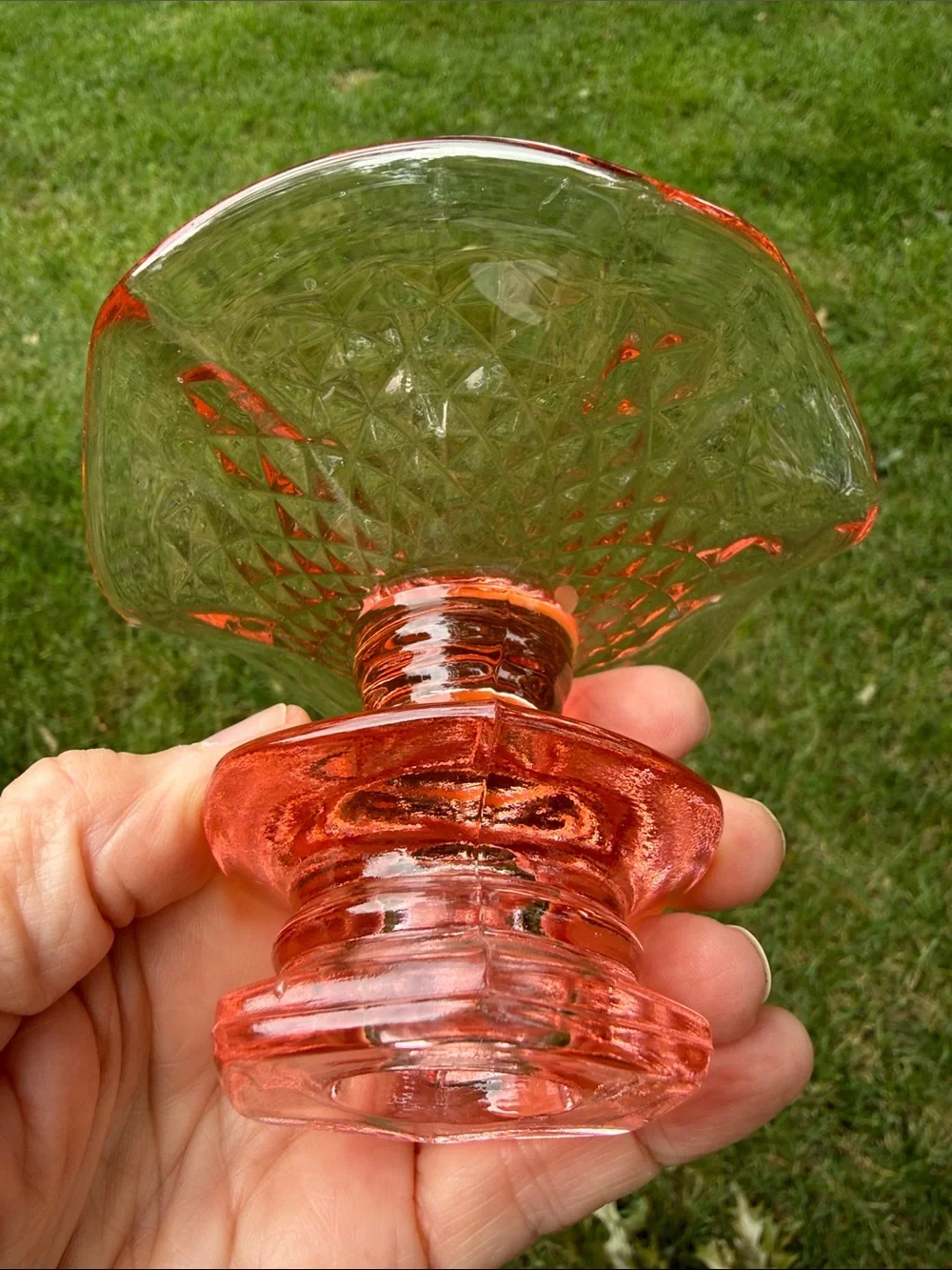 Pink Depression Glass Candle Holder with Unique Scalloped & Patterned Base EC